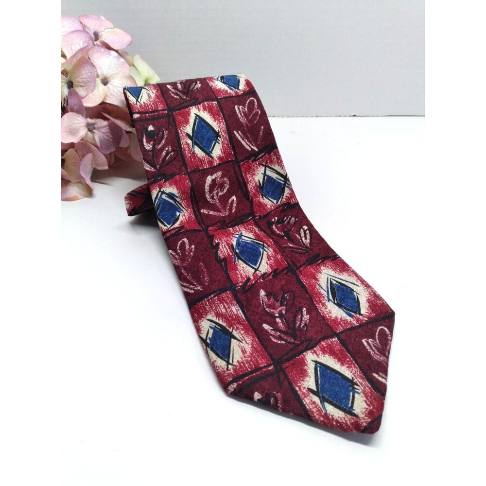 MICHAEL AUSTIN Vintage Neck Tie Abstract Maroon Burgundy Navy Blue Tan Silk 4” w